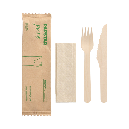 1 x 500 Bestecksets, Holz "pure" : Messer, Gabel, Serviette in Papierbeutel