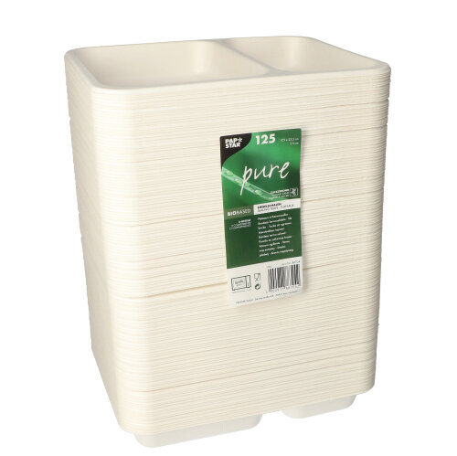 4 x 125 Siegelschalen, Zuckerrohr 2-geteilt 850 ml 3 cm x 17,5 cm x 22,5 cm weiss