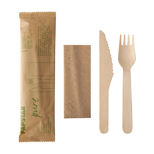 50 x Besteckset, Holz "pure" natur : Messer, Gabel, Serviette in Papierbeutel