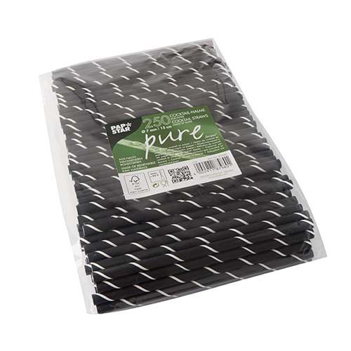16 x 250 Cocktail Trinkhalme, Papier Ø 7 mm · 15 cm schwarz/weiss "Stripes"
