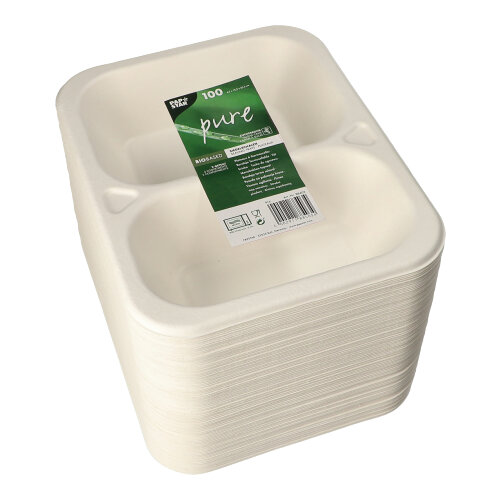6 x 100 Siegelschalen, Zuckerrohr 2-geteilt 800 ml 4,2 cm x 18,5 cm x 23,5 cm weiss
