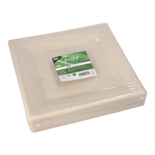 8 x 50 Teller, Zuckerrohr "pure" eckig 26 cm x 26 cm natur