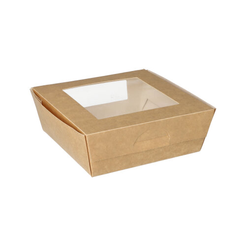 4 x 25 Feinkostboxen, Pappe mit Sichtfenster aus PLA eckig 750 ml 14 cm x 14 cm x 5 cm braun