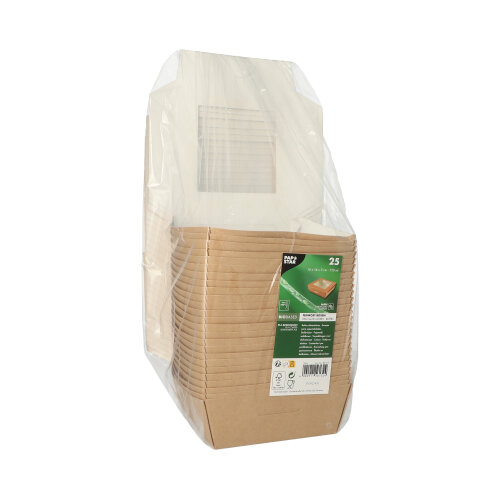 4 x 25 Feinkostboxen, Pappe mit Sichtfenster aus PLA eckig 750 ml 14 cm x 14 cm x 5 cm braun