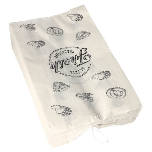 1 x 1000 Fleischerbeutel, Kraftpapier, gefädelt 32 cm x 20 cm x 7 cm weiss "Wurstwaren" mit Druck, g