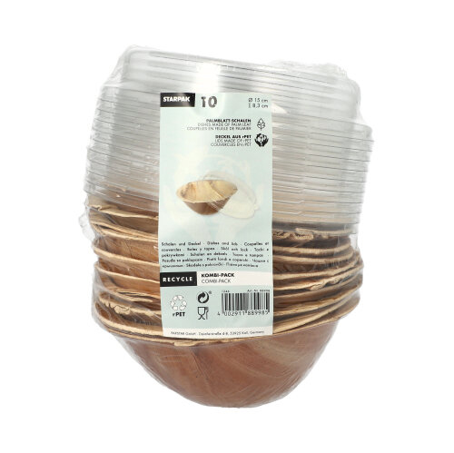 5 x 10 Schalen, Palmblatt rund 300 ml Ø 15 cm · 8,3 cm mit rPET Deckel "Kombipack"