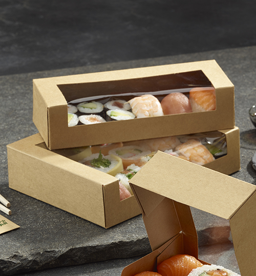 4 x 25 Sushi-Schalen Pappe eckig 4,5 cm x 19,5 cm x 7 cm braun
