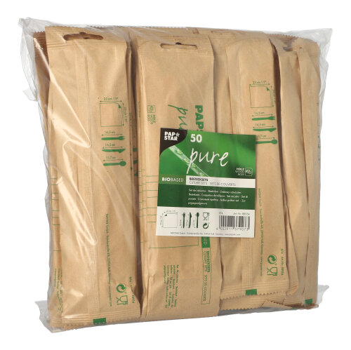 10 x 50 Bestecksets, Holz "pure" natur : Messer, Gabel, Löffel, Serviette in Papierbeutel