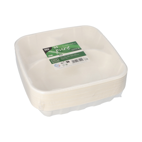 4 x 25 Teller Zuckerrohr "pure" 3-geteilt 5 cm x 22,8 cm x 22,8 cm
