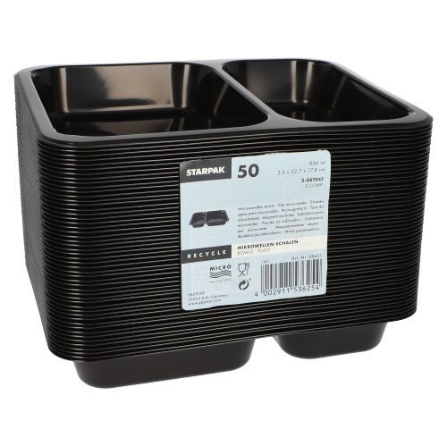 10 x 50 Mikrowellenschalen, PP 2-geteilt 866 ml 3,2 cm x 22,7 cm x 17,8 cm schwarz