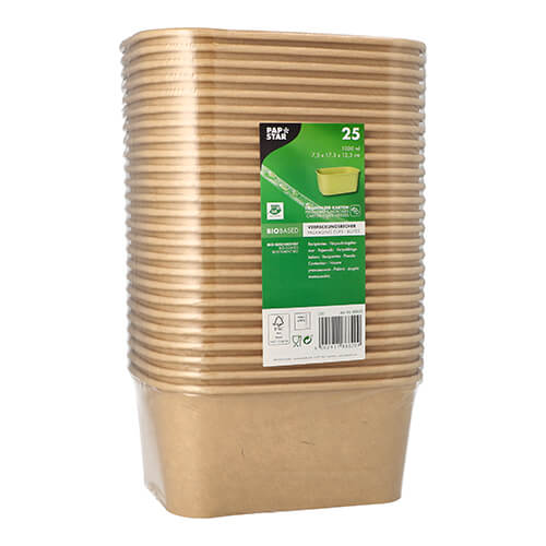 12 x 25 Verpackungsbecher, Pappe rechteckig 1000 ml 7,5 cm x 17,3 cm x 12,3 cm braun "100% Fair"