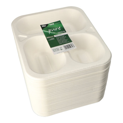 6 x 100 Siegelschalen, Zuckerrohr 3-geteilt 925 ml 4,2 cm x 21,2 cm x 25 cm weiss