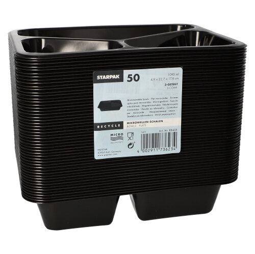 10 x 50 Mikrowellenschalen, PP 3-geteilt 1095 ml 4,9 cm x 22,7 cm x 17,8 cm schwarz