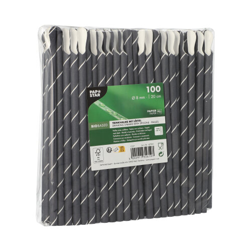 8 x 100 Trinkhalme mit Löffel, Papier Ø 8 mm · 20 cm schwarz/weiss "Stripes"