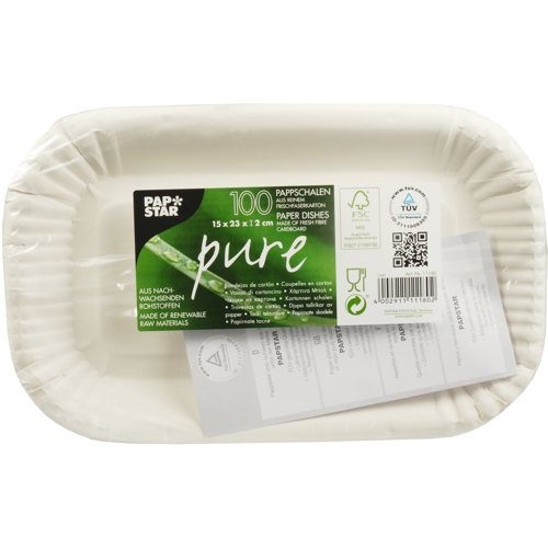 6 x 100 Schalen, Pappe "pure" eckig 15 cm x 23 cm x 2 cm weiss