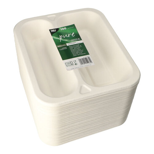 6 x 100 Siegelschalen, Zuckerrohr 2-geteilt 975 ml 4,2 cm x 21,2 cm x 25 cm weiss