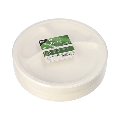 10 x 50 Teller, Zuckerrohr "pure" 3-geteilt Ø 26 cm · 2 cm weiss
