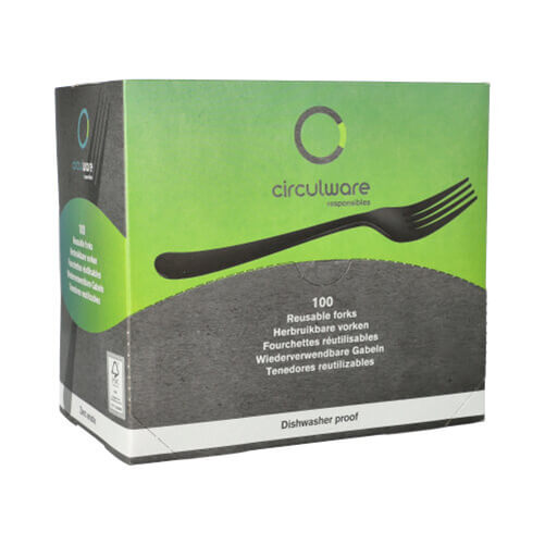 6 x 100 Mehrweg-Gabeln, Bio-PP 19 cm schwarz "Gaia" extra stabil, in Spenderbox