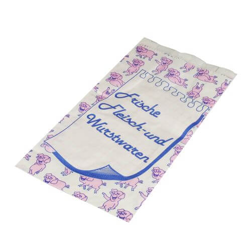 1 x 1000 Fleischerbeutel, Kraftpapier, gefädelt 28 cm x 14 cm x 6 cm weiss "Wurstwaren" mit Druck, k