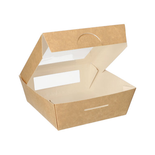 4 x 25 Feinkostboxen, Pappe mit Sichtfenster aus PLA eckig 750 ml 14 cm x 14 cm x 5 cm braun
