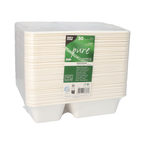 6 x 50 Siegelschalen Zuckerrohr 2-geteilt 1200 ml 4,9 cm x 22,7 cm x 17,8 cm