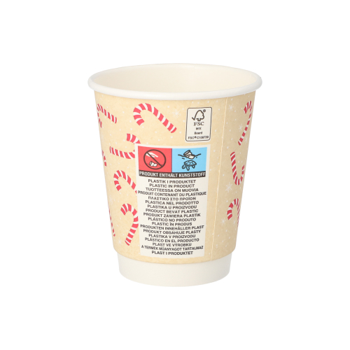 20 x 25 Trinkbecher, Pappe 0,2 l Ø 8 cm · 9,3 cm natur "Candy Canes " doppelwandig