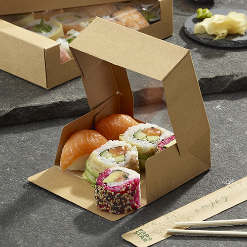 4 x 25 Sushi-Schalen Pappe eckig 4,5 cm x 12 cm x 10 cm braun
