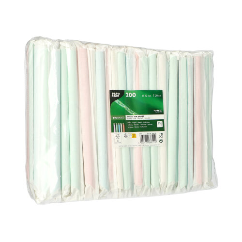 6 x 200 Bubble Tea Strohhalme, Papier Ø 12 mm · 20 cm farbig einzeln verpackt
