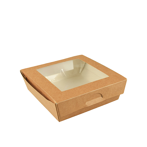 4 x 25 Feinkostboxen, Pappe mit Sichtfenster aus PLA eckig 750 ml 14 cm x 14 cm x 5 cm braun