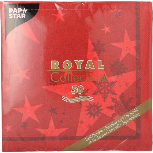 5 x 50 Servietten "ROYAL Collection" 1/4-Falz 40 cm x 40 cm rot "Stars and Snowflakes"