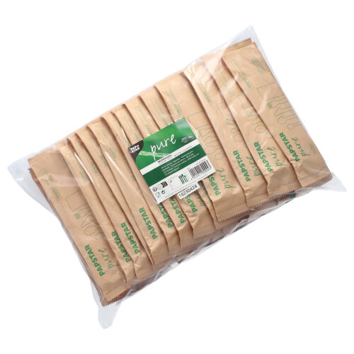 10 x 50 Bestecksets Holz "pure" : Messer, Gabel, Löffel, Kaffeelöffel, Serviette in Papierbeutel