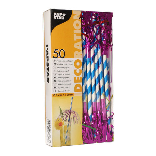 10 x 50 Trinkhalme, Papier Ø 6 mm · 20 cm blau/weiss "Fireworks"
