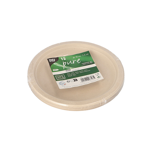 12 x 12 Teller, Zuckerrohr "pure" ungeteilt Ø 18 cm · 2 cm natur