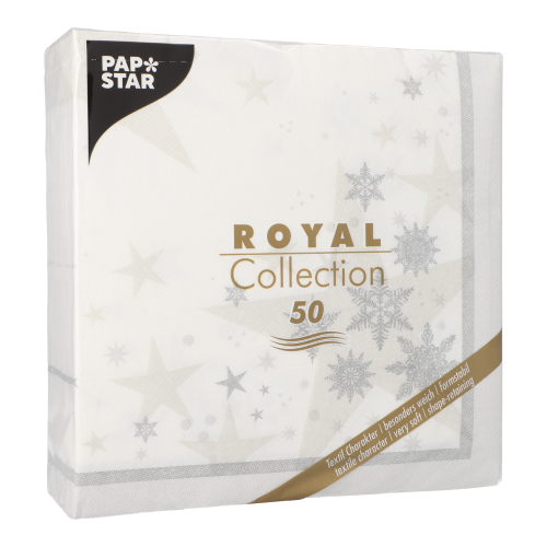 5 x 50 Servietten "ROYAL Collection" 1/4-Falz 40 cm x 40 cm weiss "Stars and Snowflakes"