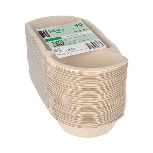 10 x 50 Snacktrays Zuckerrohr 2-geteilt 3,6 cm x 11 cm x 19,4 cm natur