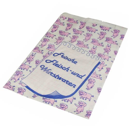 1 x 1000 Fleischerbeutel, Kraftpapier, gefädelt 32 cm x 20 cm x 7 cm weiss "Wurstwaren" mit Druck, g