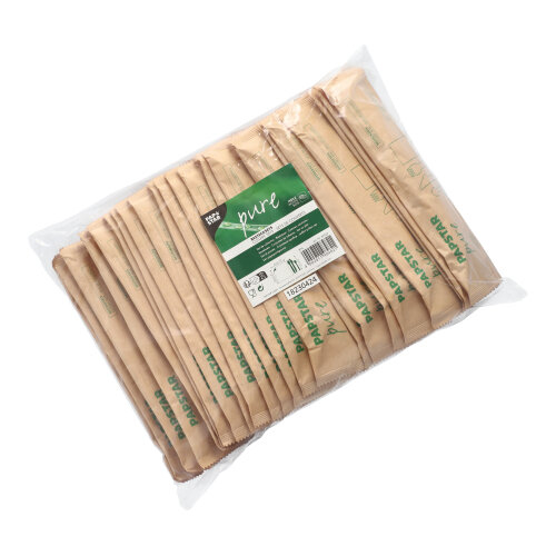 10 x 50 Bestecksets Holz "pure" : Messer, Gabel, Kaffeelöffel, Serviette in Papierbeutel