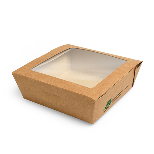 3 x 40 Feinkostboxen, Pappe mit Sichtfenster aus PLA eckig 650 ml 4,5 cm x 14 cm x 14 cm braun "100%