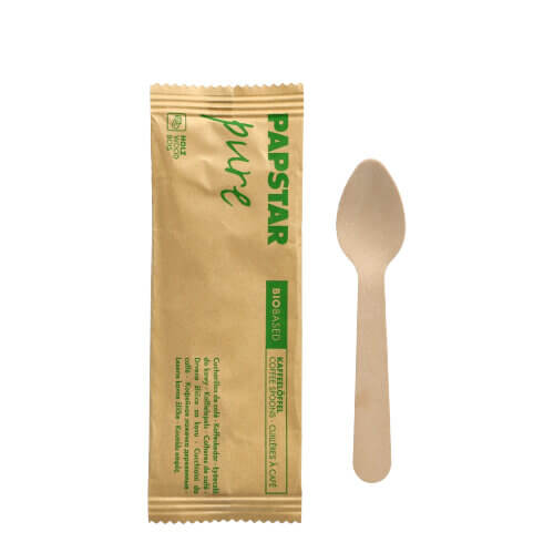 10 x 50 Kaffeelöffel, Holz "pure" 11 cm einzeln verpackt in Papierbeutel