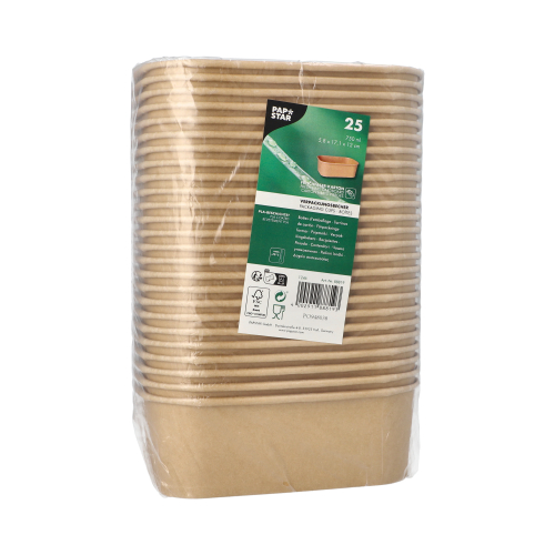 12 x 25 Verpackungsbecher, Pappe rechteckig 750 ml 5,7 cm x 17,3 cm x 12,3 cm braun "100% Fair"