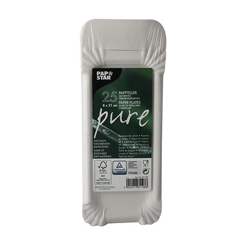16 x 25 Pappteller "pure" eckig 8 cm x 21 cm weiss mit Anfasser