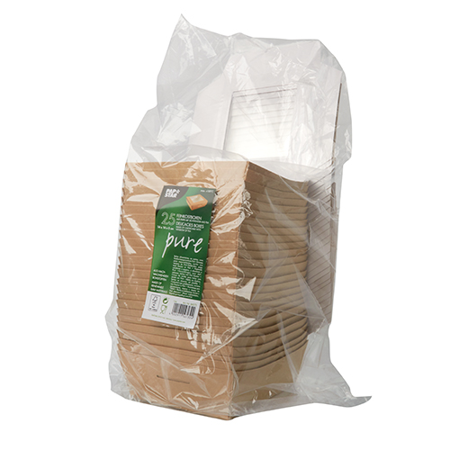 4 x 25 Feinkostboxen, Pappe mit Sichtfenster aus PLA eckig 750 ml 14 cm x 14 cm x 5 cm braun
