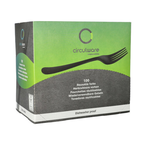 6 x 100 Mehrweg-Gabeln, Bio-PP 19 cm schwarz "Gaia" extra stabil, in Spenderbox