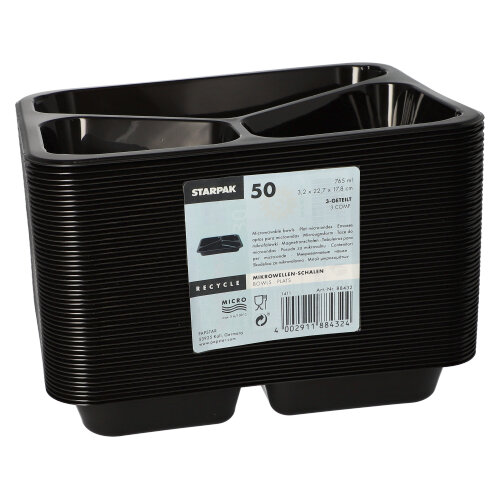 10 x 50 Mikrowellenschalen, PP 3-geteilt 765 ml 3,2 cm x 22,7 cm x 17,8 cm schwarz