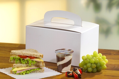 5 x 20 To Go Boxen, Pappe "pure" eckig 12,5 cm x 15,5 cm x 22,5 cm weiss mit Tragegriff