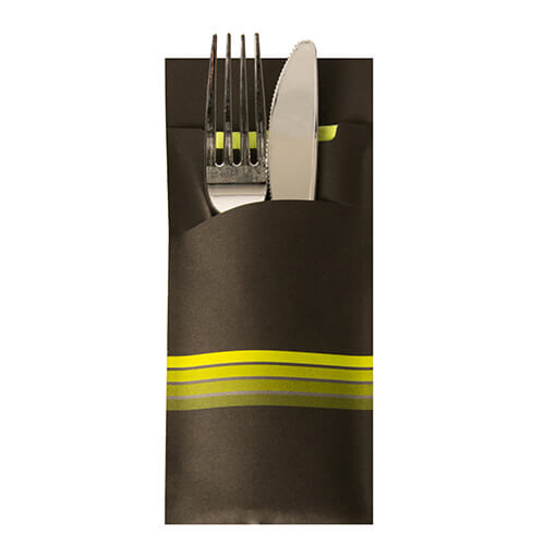 1 x 520 Bestecktaschen 20 cm x 8,5 cm schwarz/limone "Stripes" inkl. farbiger Serviette 33 x 33 cm 2