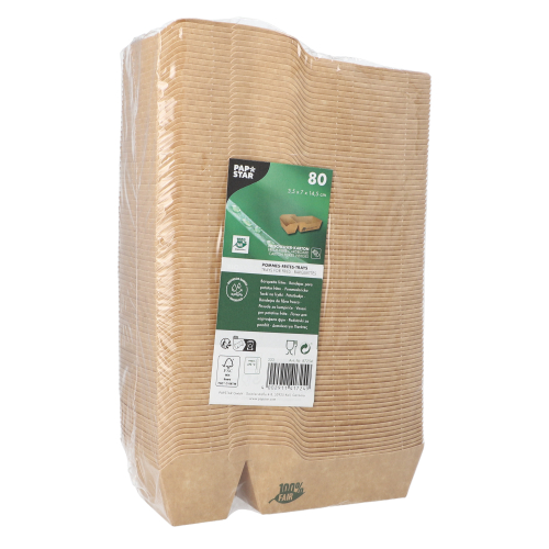 6 x 80 Pommes-Frites-Trays, Pappe "pure" 2-geteilt 3,5 cm x 16,5 cm x 9 cm braun "100% Fair" klein