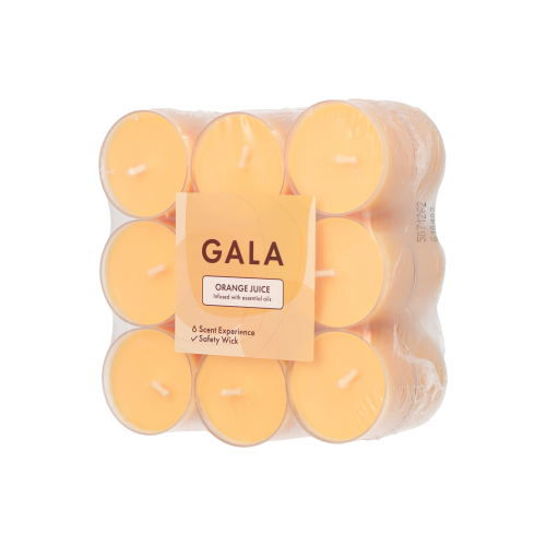 6 x 18 "GALA" Duftlichte Ø 38 mm · 24 mm orange - Orange Juice in Polycarbonathülle