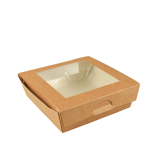4 x 25 Feinkostboxen, Pappe mit Sichtfenster aus PLA eckig 1000 ml 16 cm x 16 cm x 5 cm braun