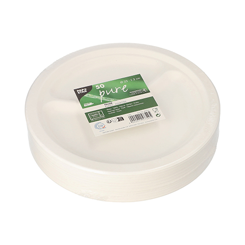 10 x 50 Teller, Zuckerrohr "pure" 2-geteilt Ø 23 cm · 2 cm weiss